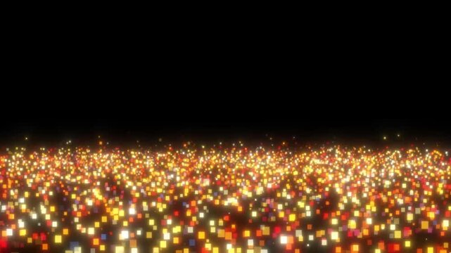 Glowing, square, colored particles on a black background. Holiday and award concept. 4K
