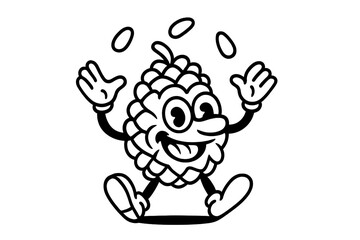 Happy cartoon pine cone mascot character juggling seeds