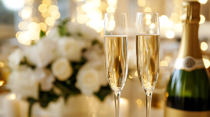 Celebrating life's moments with champagne. Two flutes of bubbly, standing tall against a backdrop of soft, warm lights and white flowers, symbolizing joy and elegance. Cheers!