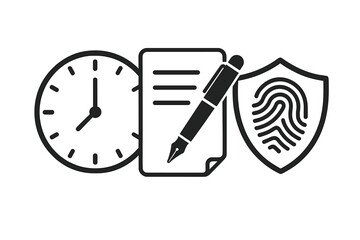 Digital contract signing and biometric authentication security concept icons