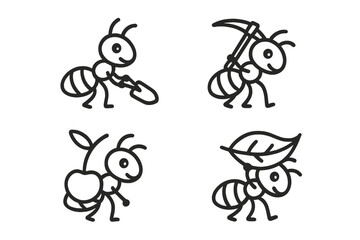 Four cute cartoon ants carrying various objects outline icons