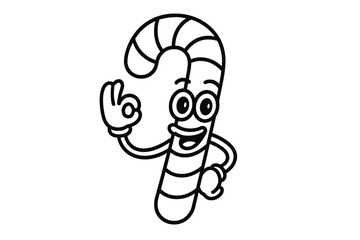 Cheerful candy cane mascot making okay hand gesture in outline style