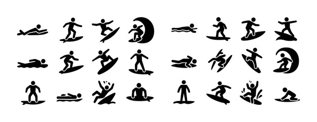 Naklejka premium Black silhouette icons of surfing and swimming activities