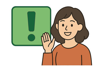 Smiling woman waving next to large green exclamation mark symbol