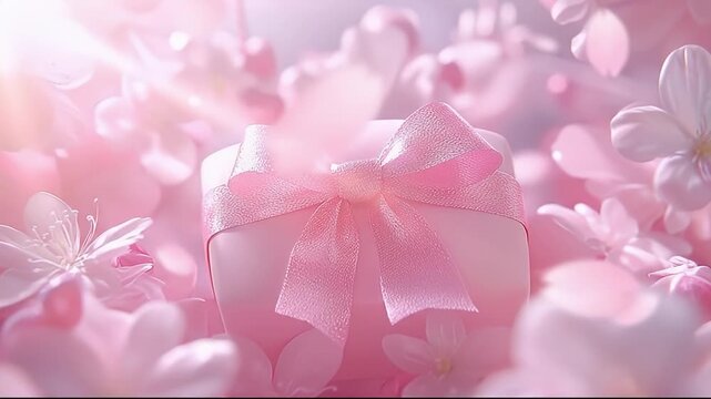 A Soft Pink Gift Box Tied With A Sparkling Pink Ribbon Surrounded By Delicate Cherry Blossoms Under Soft Sunlight And Lens Flares Creating A Dreamy Romantic Atmosphere