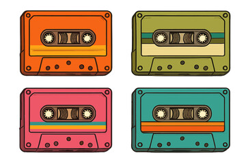 Obraz premium Four colorful retro cassette tapes collection in vintage style