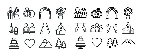 Wedding icon set: ceremony, rings, church, cake, flowers, couple illustrations