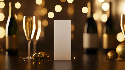 Festive celebration with champagne, glasses, and golden ornaments against a bokeh background. Elegant and luxurious atmosphere for special events or milestones.