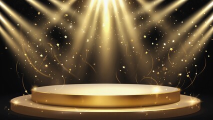 Fototapeta premium A luxurious golden round stage with glittering lights and sparkling particles. Award ceremony, Christmas and New Year celebrating