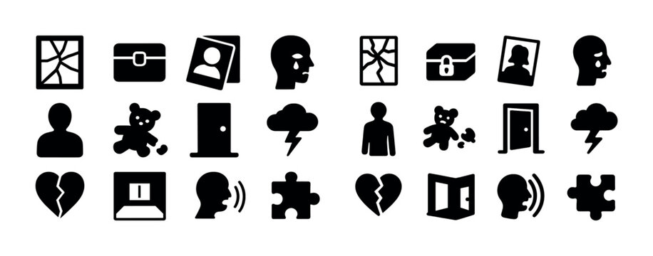 Silhouette icons: faces, objects, weather, and emotions in black and white