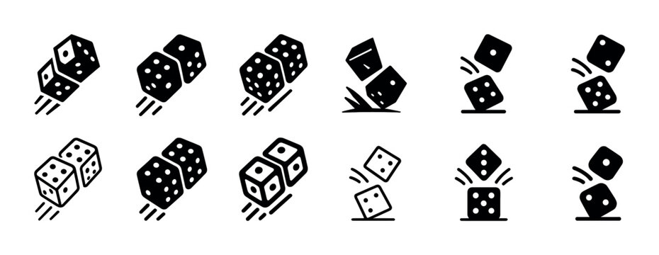 Set of stylized black and white dice icons showing various rolling positions