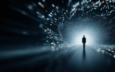 a digital businessman stands in the center of an abstract tunnel, surrounded by floating charts and graphs symbolizing business data and technology. the man is dressed casually in a black suit jacket 