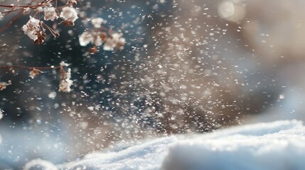 Snowflakes fall gently from branches in a winter landscape during daylight hours