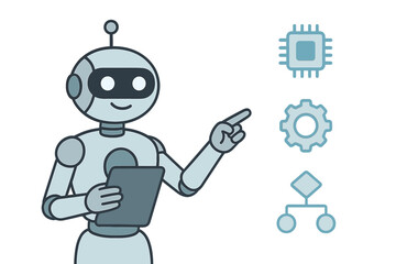 Cheerful robot character pointing at technology and process icons