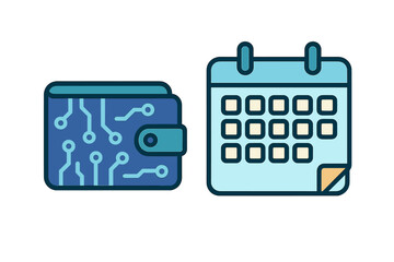 Digital wallet and calendar icons for cryptocurrency scheduling and finance planning