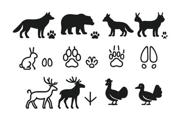 North American wildlife silhouettes and animal track icons set