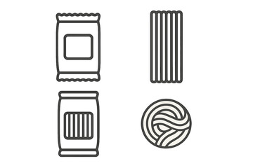 Various dry pasta shapes and food packaging line icons