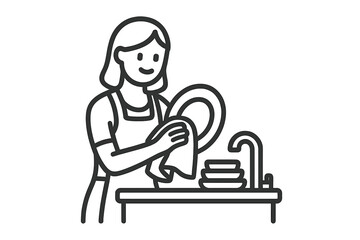 Woman drying clean dishware at kitchen sink with running faucet