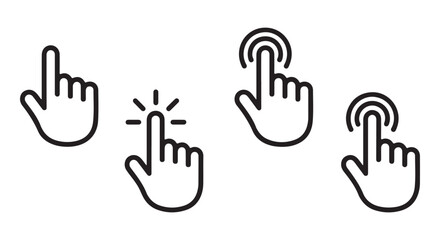 Hand cursor click and touch line icons. Mouse pointer set with tap and ripple effects.
