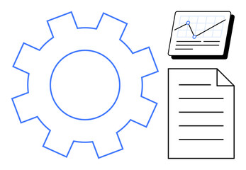 Gear, line graph, and document symbolizing operation, data analysis, and reporting. Ideal for business, productivity, organization workflow analysis strategy planning. Simple flat metaphor