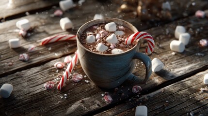 Hot cocoa with marshmallows and candy cane on rustic wooden table,