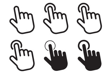 Touch hand cursor icons. Solid and outline click pointers with tap ripple effect.
