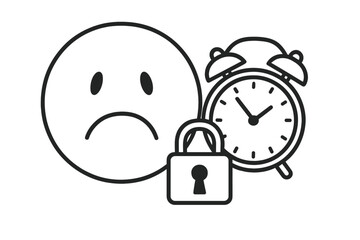Sad alarm clock and padlock concept outline graphic