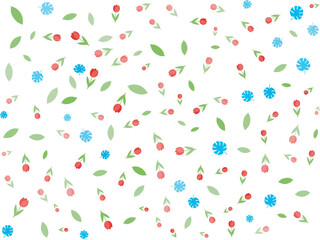 Random scattering seamless vector pattern background with red floral elements, green leaves, and blue abstract shapes