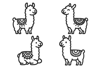 Obraz premium Four cute cartoon llamas and alpacas in simple line art style
