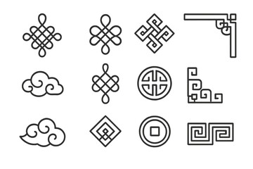 Traditional Chinese auspicious symbols and decorative outline icons set