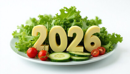 Numbers 2026 made from cheese on plate with fresh vegetables on white background. Representing healthy food and creative culinary concept of food, nutrition, lifestyle.
