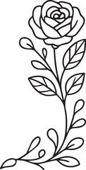 Hand-drawn doodle vector illustration of a rose branch for Valentine&rsquo;s Day, created in simple black and white line art for romantic themes, love designs, floral decorations and coloring pages.