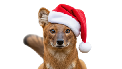 Dhole Asian Wild Dog Wearing a Red Santa Hat for Christmas isolated PNG with Transparent Background