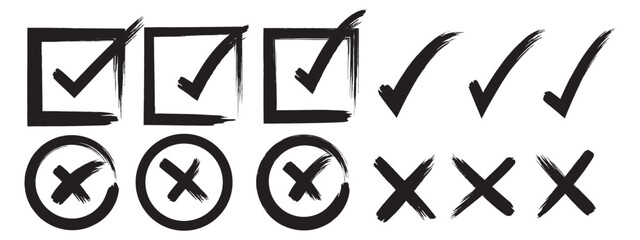 Grunge checkmark design. Check tick mark icon set. Cross box x check mark checkbox v list vector draw hand drawn sketch doodle brush marker checklist symbol wrong right circle. Vector Illustration, © HIKE  Studio  1
