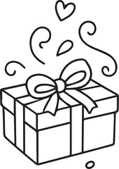 Hand-drawn doodle vector illustration of a gift box with a ribbon and bow in simple black and white line art, perfect for holiday themes, celebrations, greeting cards, festive designs and coloring pag