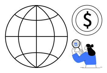 Global finance concept. A globe s international connections, dollar symbol highlights economic significance, and woman explores financial data. For banking, economy, data analysis, fintech, global