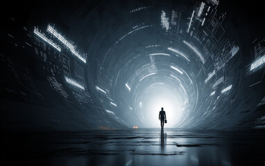 a digital businessman stands in the center of an abstract tunnel, surrounded by floating charts and graphs symbolizing business data and technology. the man is dressed casually in a black suit jacket 