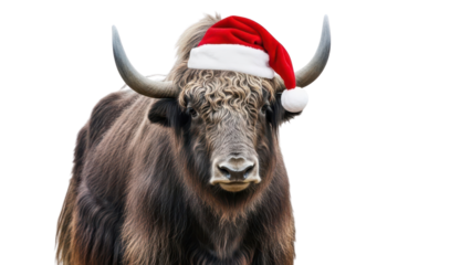 Hairy Yak wearing a red Santa hat for Christmas holiday isolated PNG with Transparent Background