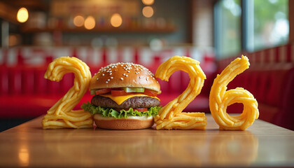 Numbers 2026 made from french fries with a burger replacing zero inside a fast food restaurant with red chairs. Concept of food, restaurant, marketing.