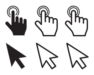 Click cursor and pointer icons. Solid and outline hand with touch ripple and mouse arrow symbols.
