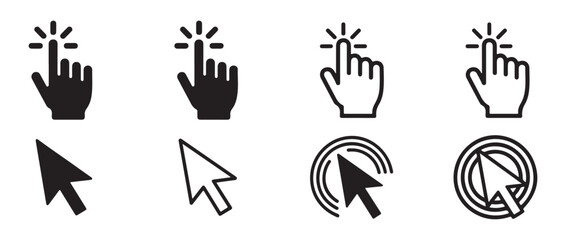 Click cursor and pointer icons. Solid and outline hand and arrow mouse symbols.
