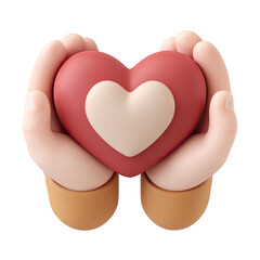 3D hands gently holding a red heart with a white inner heart symbolizing care isolated on transparent background