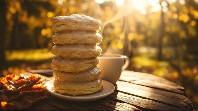 Stack Of Six Glazed Biscuits Served With Hot Coffee On A Wooden Table In A Sunlit Autumn Forest With Warm Golden Light Creating A Cozy And Inviting Atmosphere