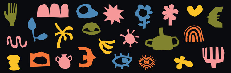 Retro geometric shapes collection featuring funky abstract forms, vintage flowers, stars, and circles in a playful design perfect for modern graphic projects.