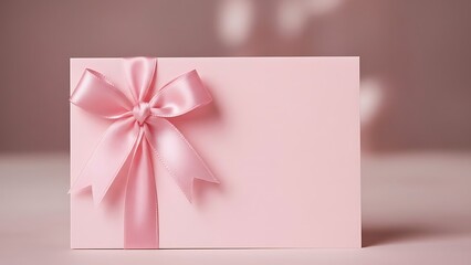 Elegant light pink blank card adorned with a beautiful satin ribbon bow on a soft rosy background perfect for celebratory messages