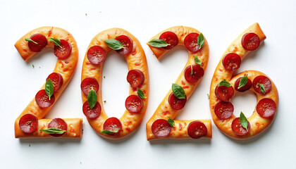 Numbers 2026 made from pizza representing fast food creativity and fun culinary. Concept of food, restaurant, lifestyle.