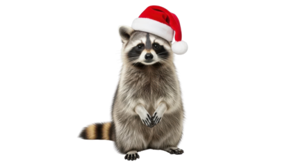 Cute Raccoon Wearing Red Santa Hat Standing Upright isolated PNG with Transparent Background
