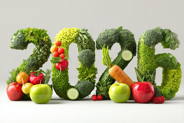Numbers 2026 made from fruits and vegetables on gray background. concept of healthy food, nutrition, lifestyle.