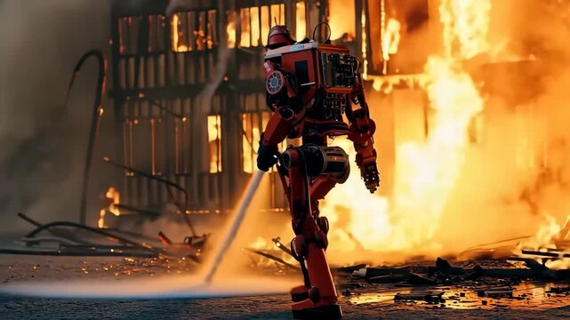 Firefighting Robot in Action: A modern firefighting robot fearlessly confronts an intense blaze, battling flames with water, showcasing technological advancements and safety innovations.