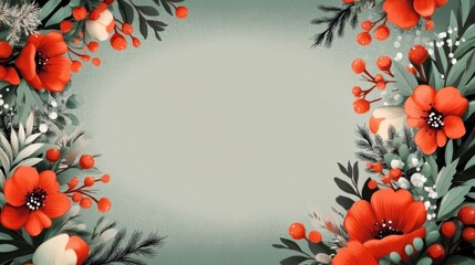 Elegant floral frame with vibrant red blooms and lush green foliage creating beautiful border design.